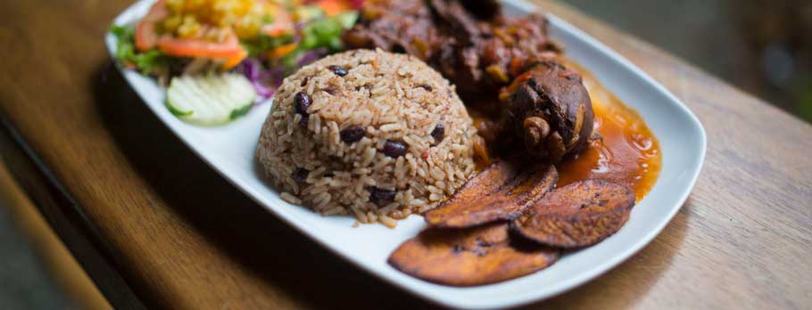 A white plate topped with rice and meat.