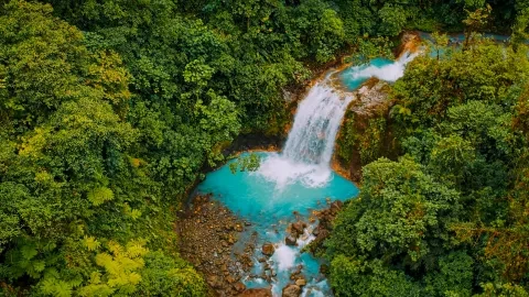 Aerial view of a waterfall in the jungle