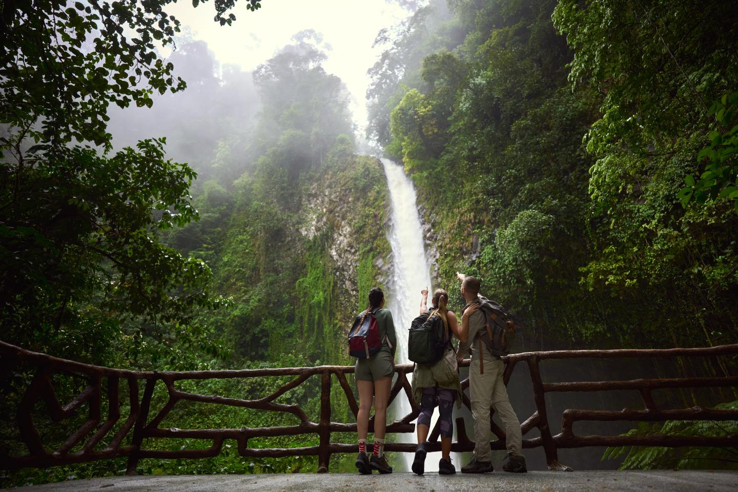 People looking at a waterfall in jungle