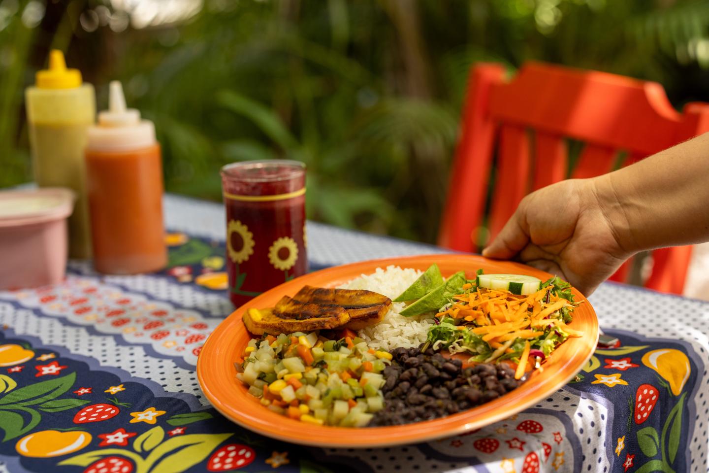 hand putting a plate of food onto a table