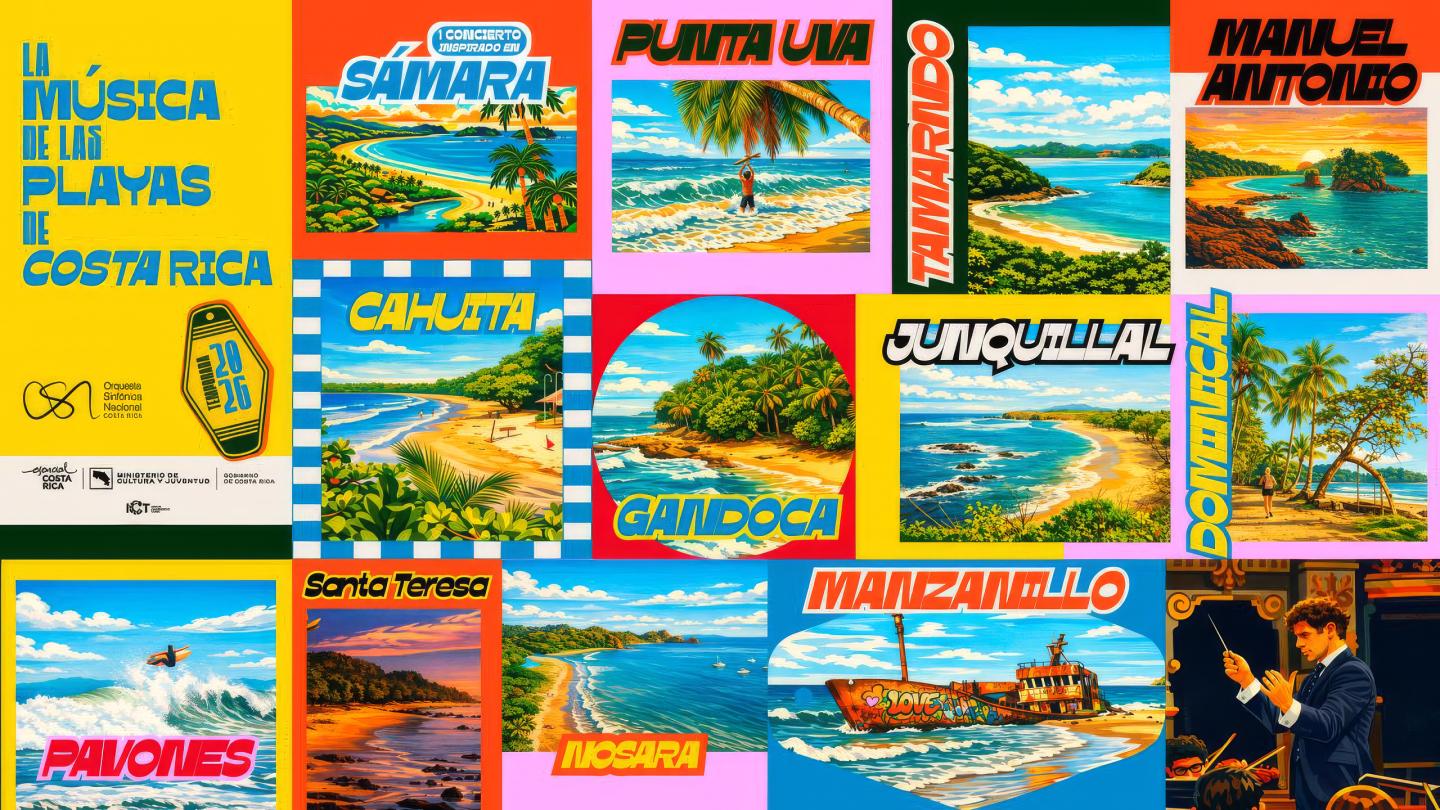 A colourful grid poster titled “La música de las playas de Costa Rica,” showing illustrated beach scenes labelled with names of coastal towns (Sámara, Punta Uva, Tamarindo, Manuel Antonio, Cahuita, Gandoca, Junquillal, Dominical, Pavones, Santa Teresa, Nosara, Manzanillo) arranged like concert cards against a vibrant background.