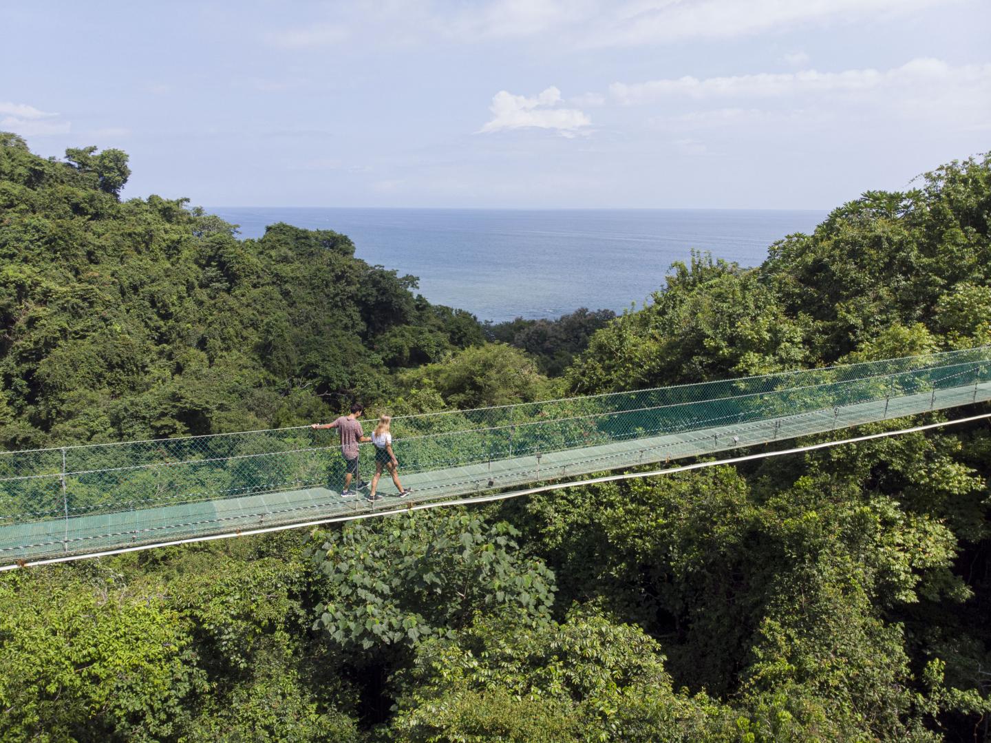Visitor walks across a hanging bridge overlooking rainforest and the distant Pacific coastline in Costa Rica.