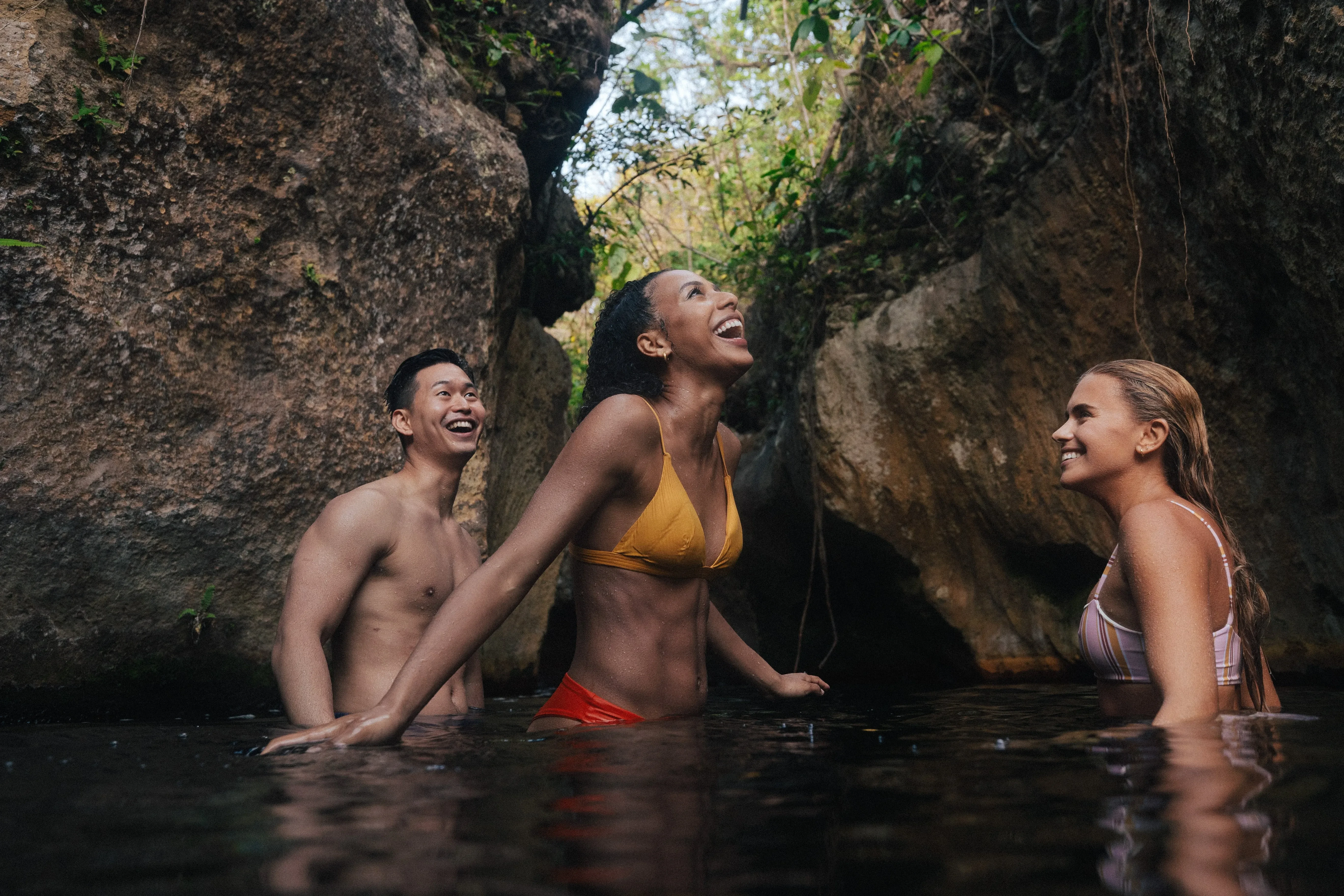 friends in waterfall